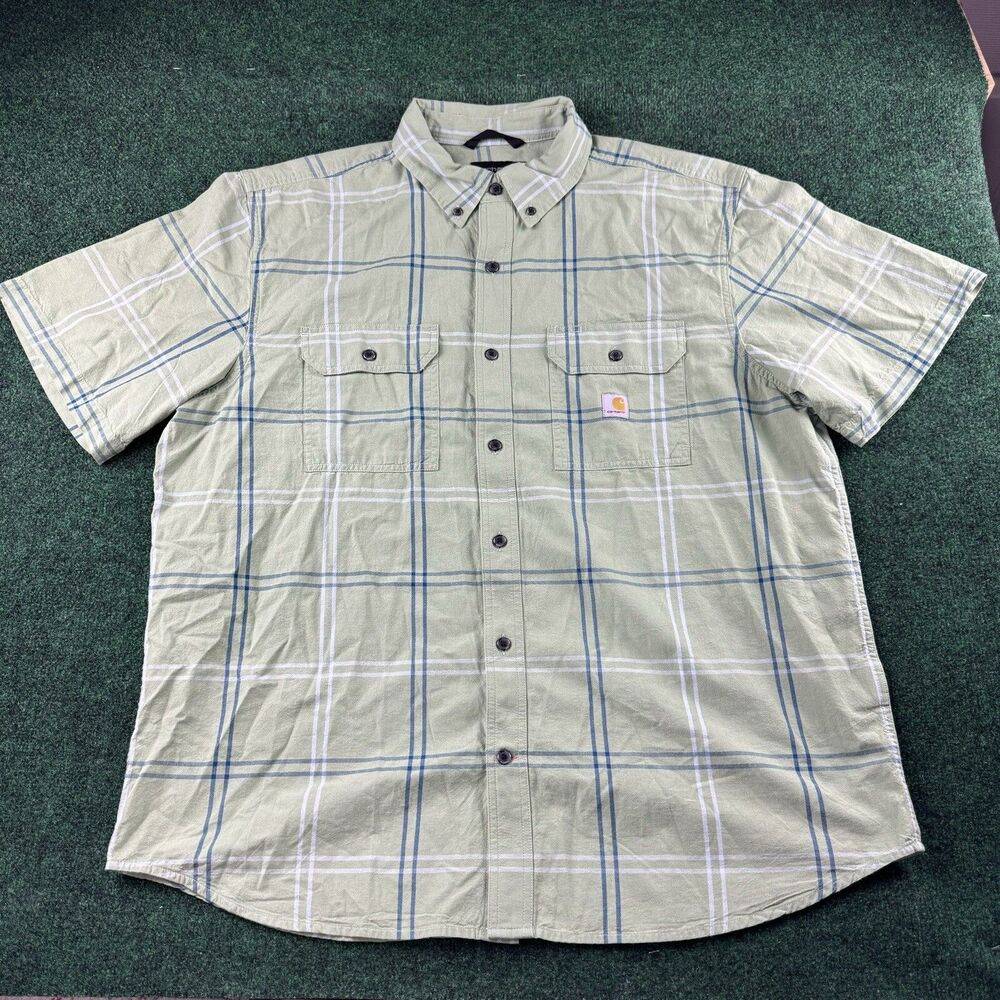 Carhartt Dress Shirt Mens Size XL Green Check Loose Fit Work Wear Button Up